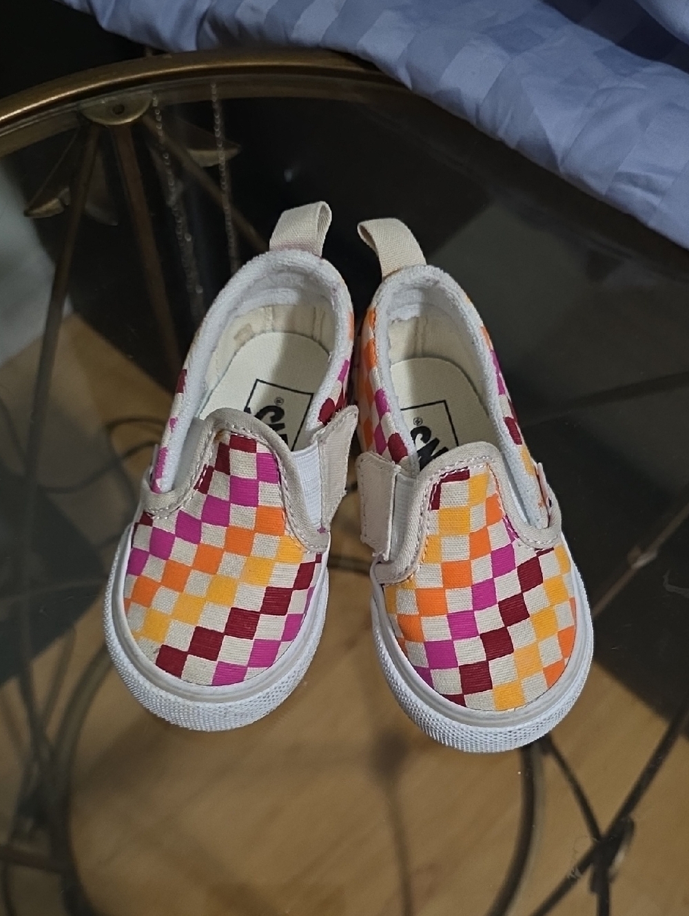 Vans Kids Slip-On Checkerboard Sneakers in Pink, Orange, Yellow and Burgundy